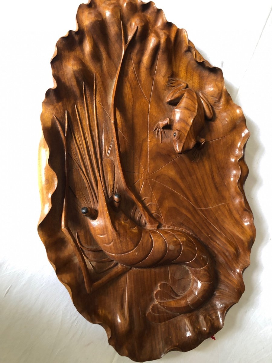 Japanese Wooden Tray Sculpture Asia Frog Crustaceans Japan -photo-3