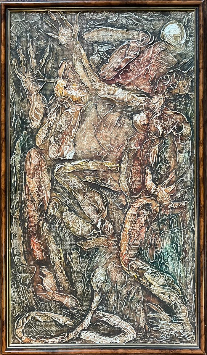 Sadi Matamba Born 1944 - Africa Congo Expressionism Composition Man & Snake Oil Signed