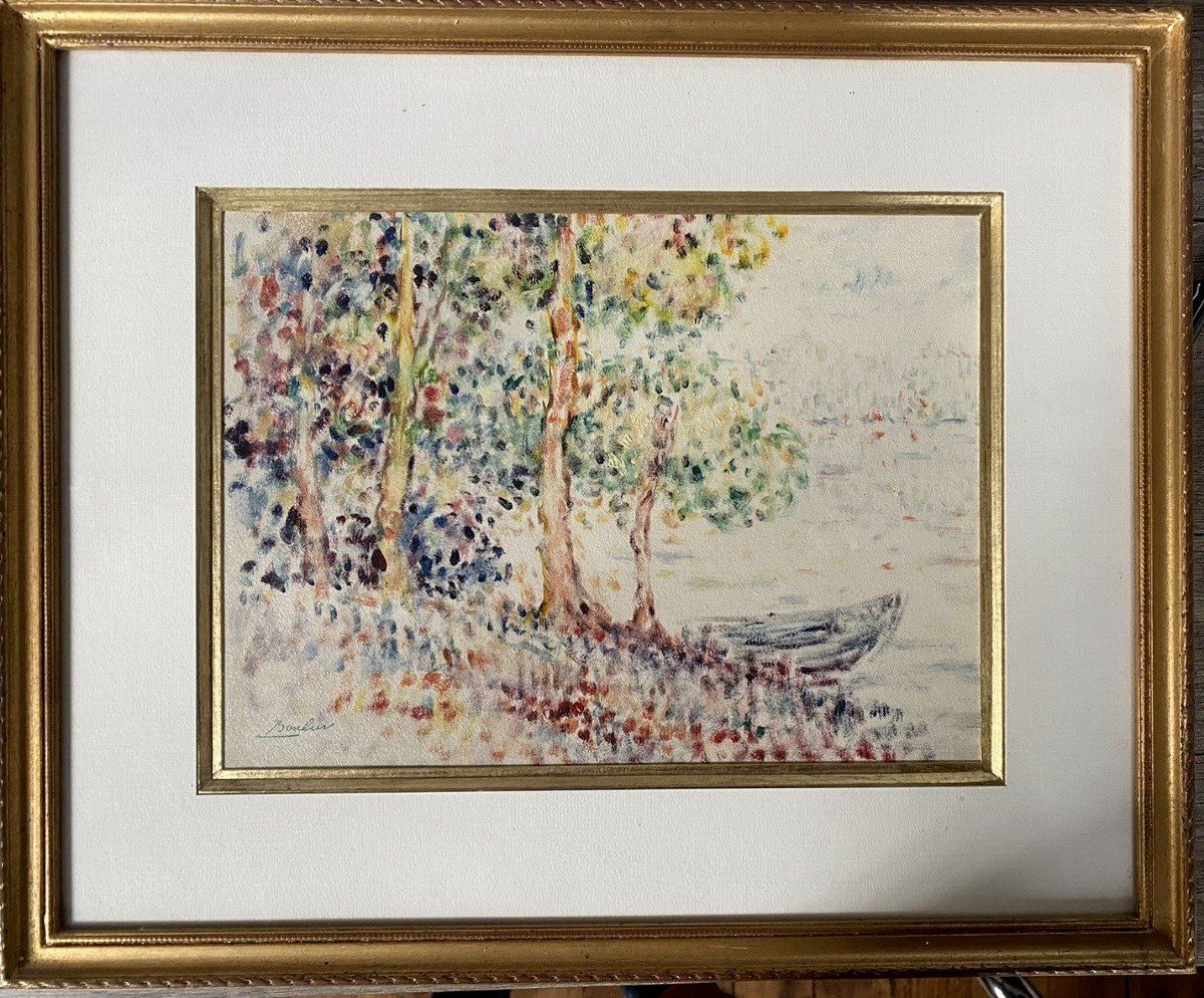  Tableau Pointilliste  paysage barque  peinture signée Lucien Boulier 1882-1963-photo-2