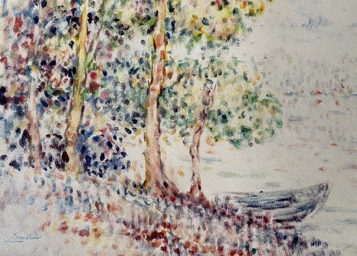  Tableau Pointilliste  paysage barque  peinture signée Lucien Boulier 1882-1963