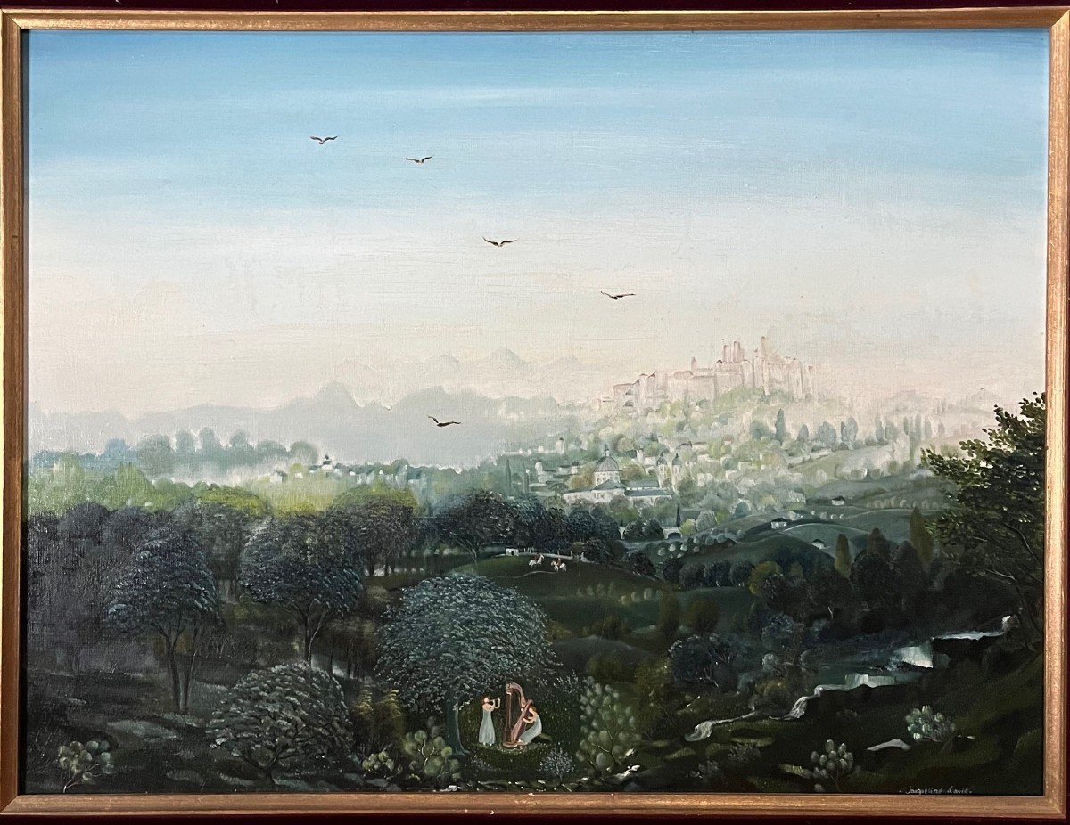 Jacqueline David - Naive Art Austria Salzburg Landscape And Musicians Naive Oil Signed-photo-2