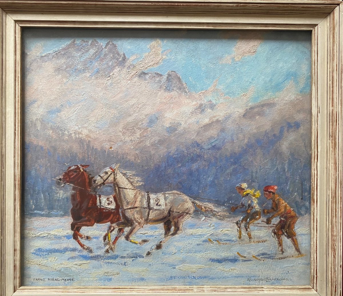 Tableau ancien Paysage Montagne ski à cheval peinture signée Franz Hiel-Merre