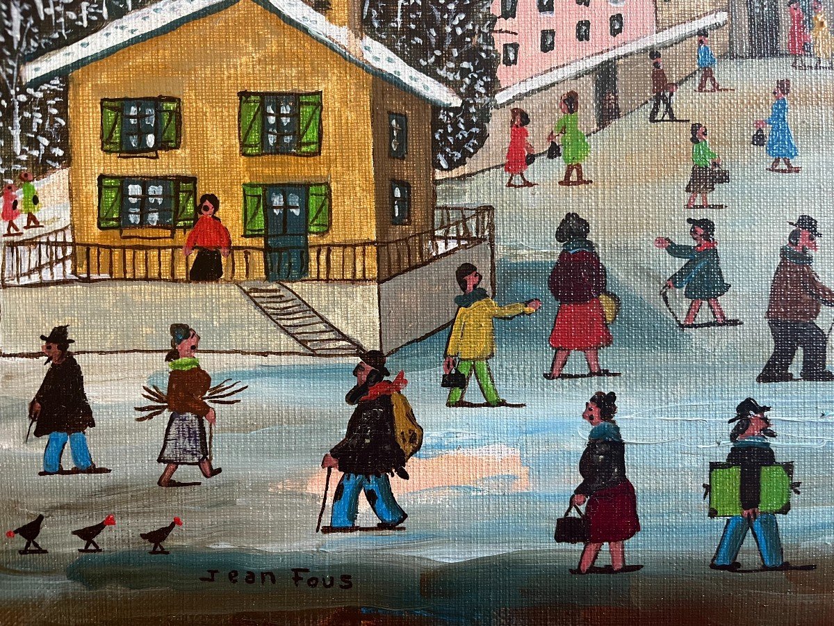 Tableau Naïf Paysage Village Animé De Montagne  Ecole Naïve Peinture Signée Jean Fous-photo-2