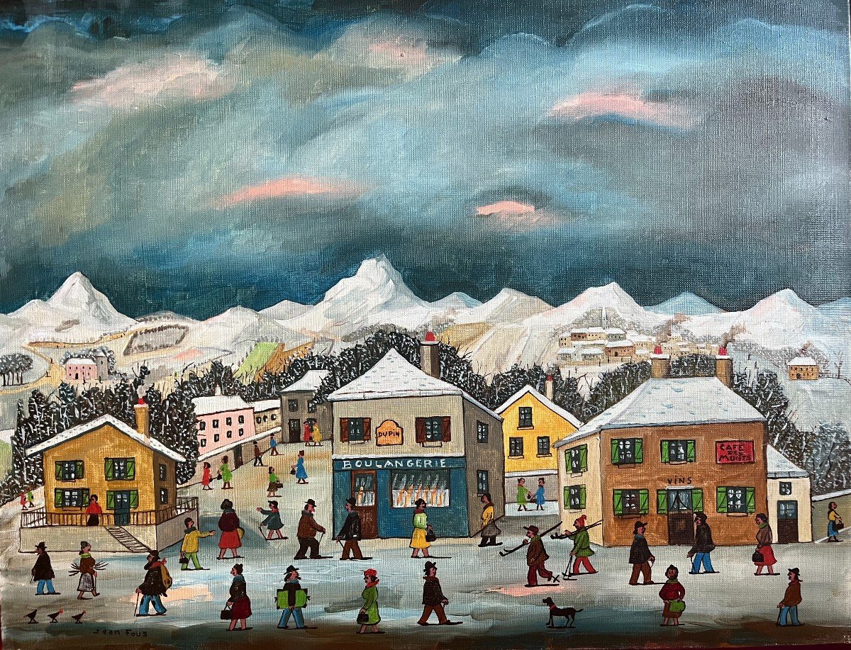 Tableau Naïf Paysage Village Animé De Montagne  Ecole Naïve Peinture Signée Jean Fous