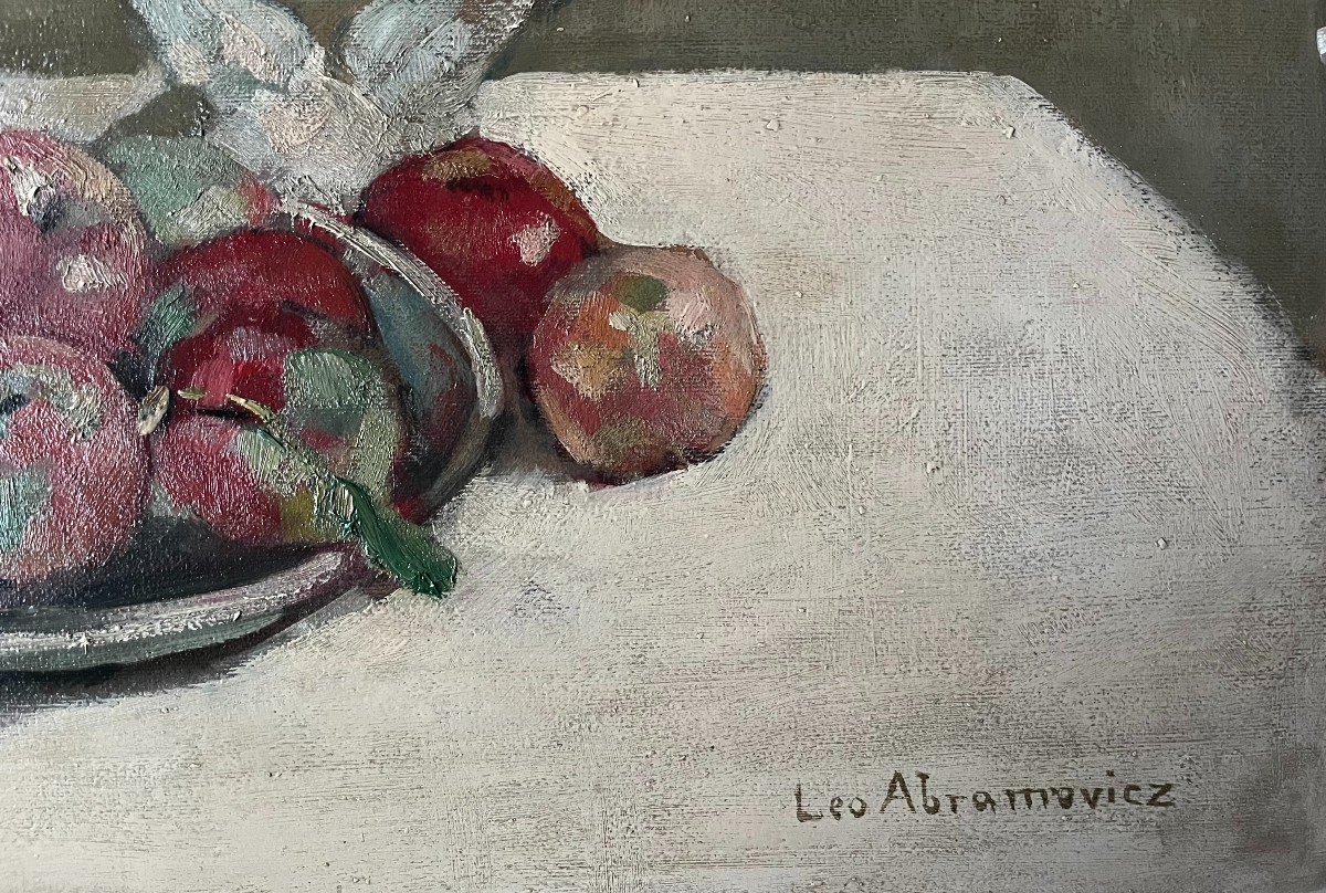 Tableau école de l'est Nature Morte Bouquet de Roses et fruits peinture signée  Léo Abramowicz-photo-2