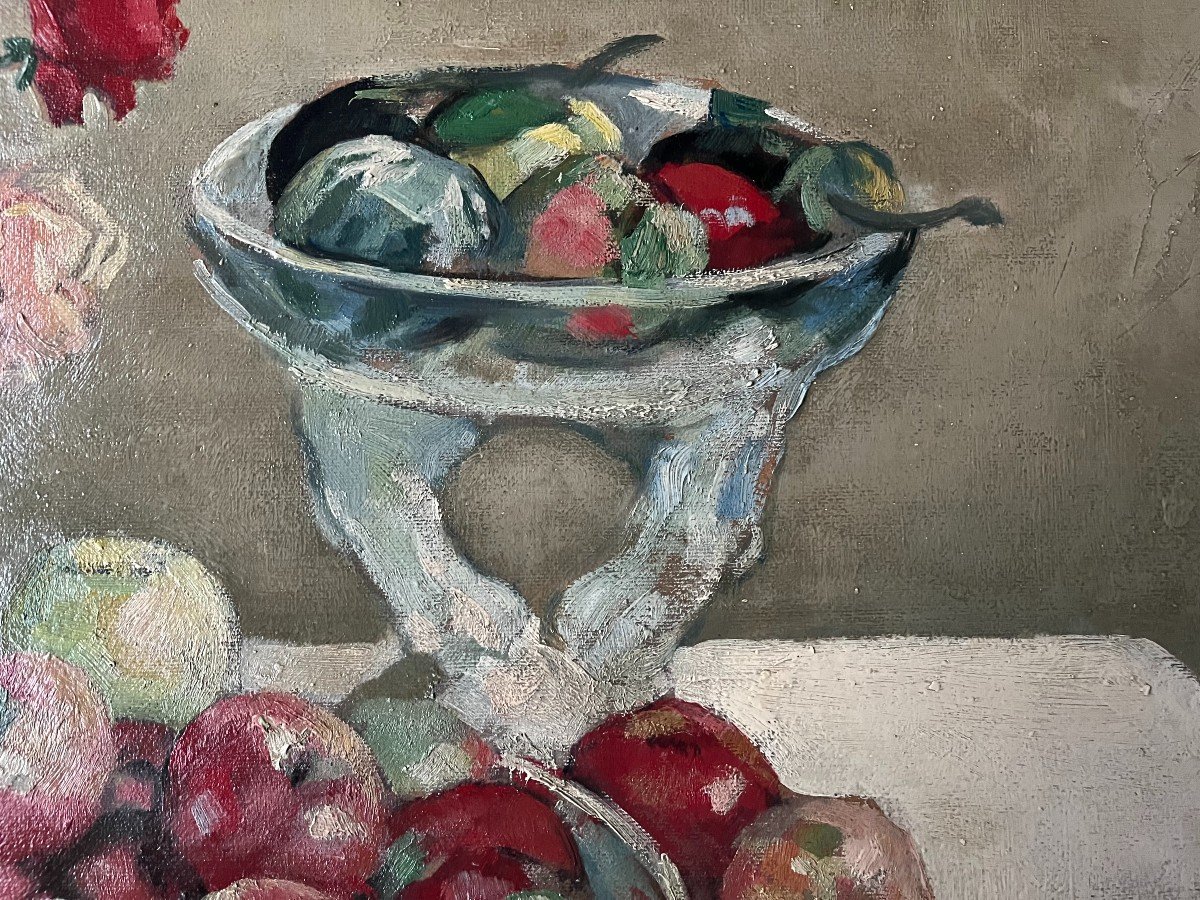 Tableau école de l'est Nature Morte Bouquet de Roses et fruits peinture signée  Léo Abramowicz-photo-4