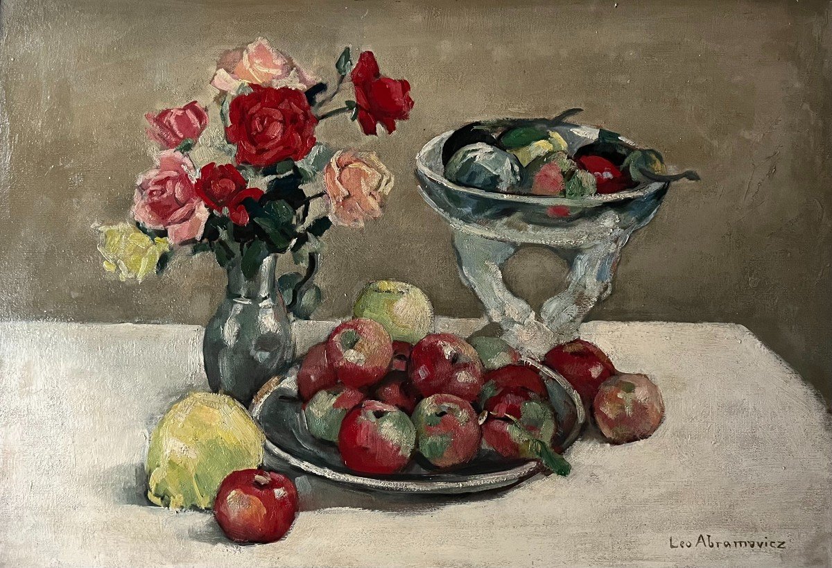 Tableau école de l'est Nature Morte Bouquet de Roses et fruits peinture signée  Léo Abramowicz