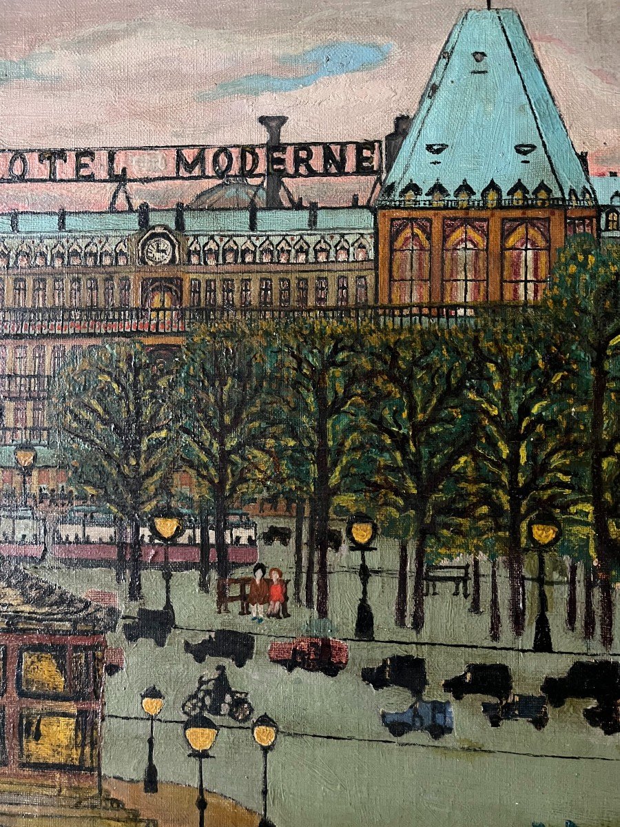 Tableau Naïf  Paris La Place De La République  Ecole Naïve Peinture Signée Léon Greffe-photo-4