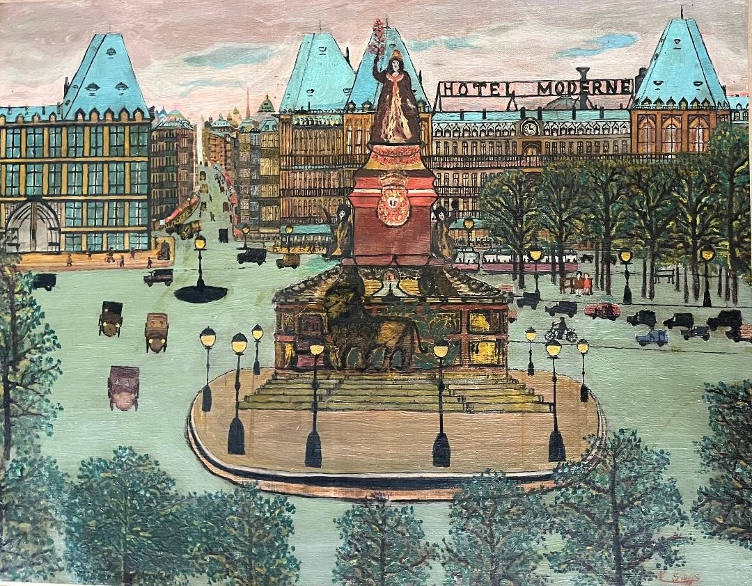 Tableau Naïf  Paris La Place De La République  Ecole Naïve Peinture Signée Léon Greffe