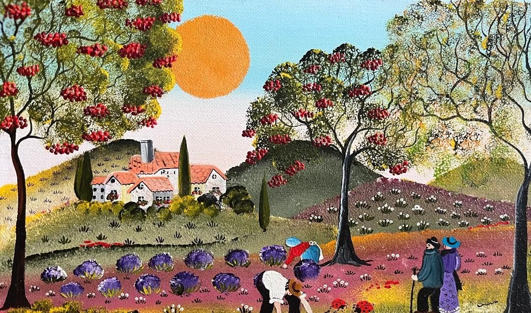 Naive Art Painting The Four Seasons Fruits Flowers Naïve School Painting Signed Josiane Becker-photo-3