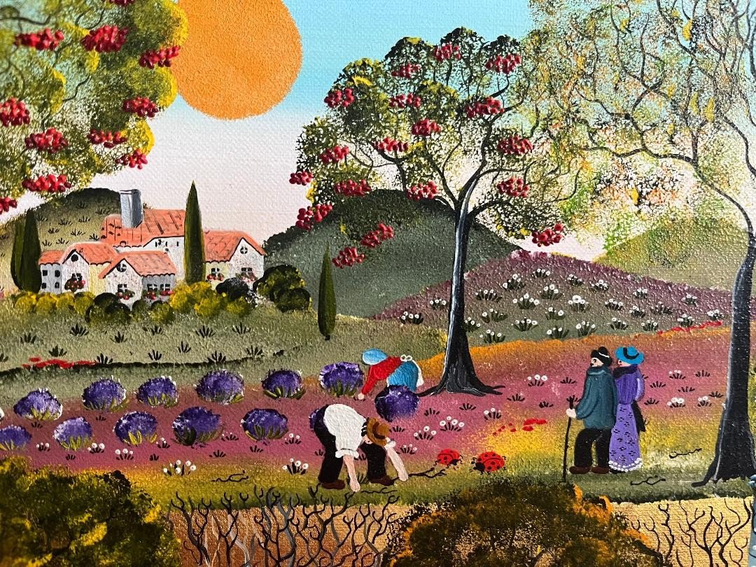 Naive Art Painting The Four Seasons Fruits Flowers Naïve School Painting Signed Josiane Becker-photo-3