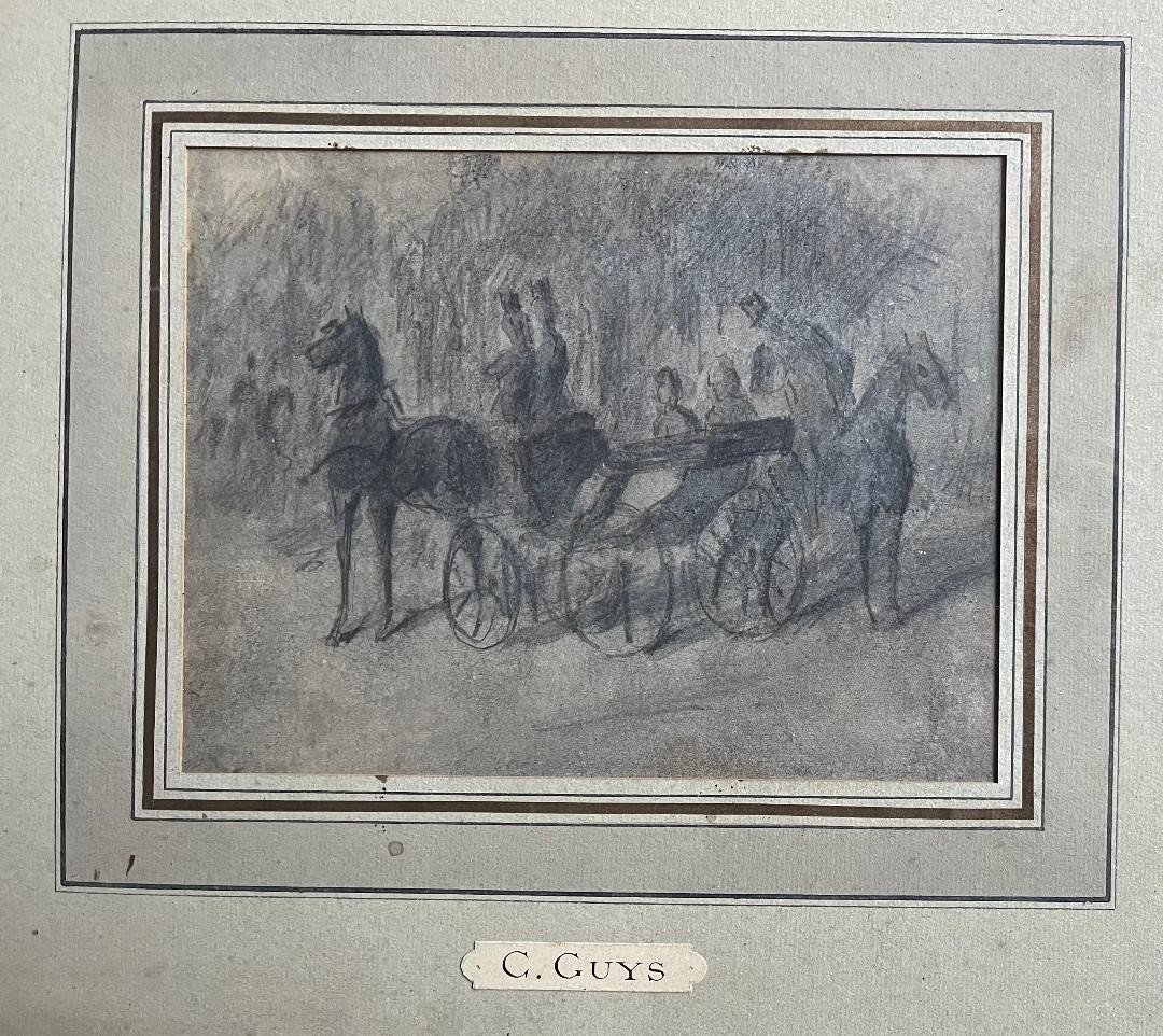 19th Century Romantic Drawing Of A Carriage With Elegant Men By Constantin Guys-photo-2