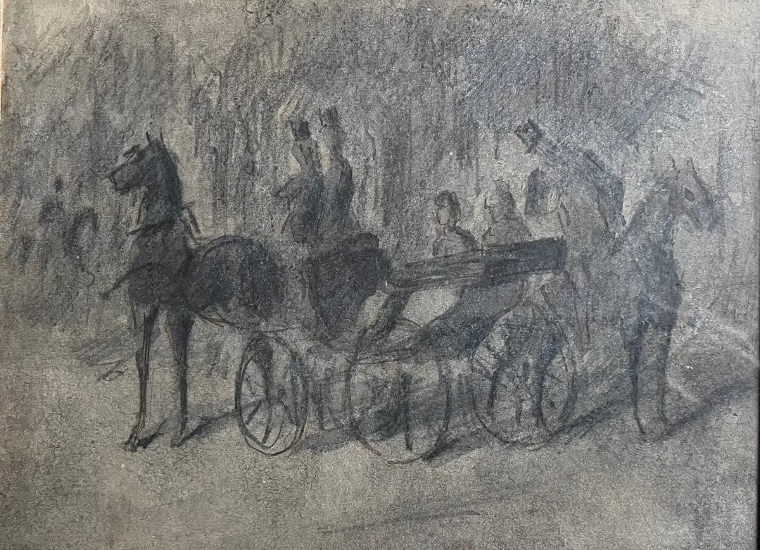 19th Century Romantic Drawing Of A Carriage With Elegant Men By Constantin Guys-photo-3