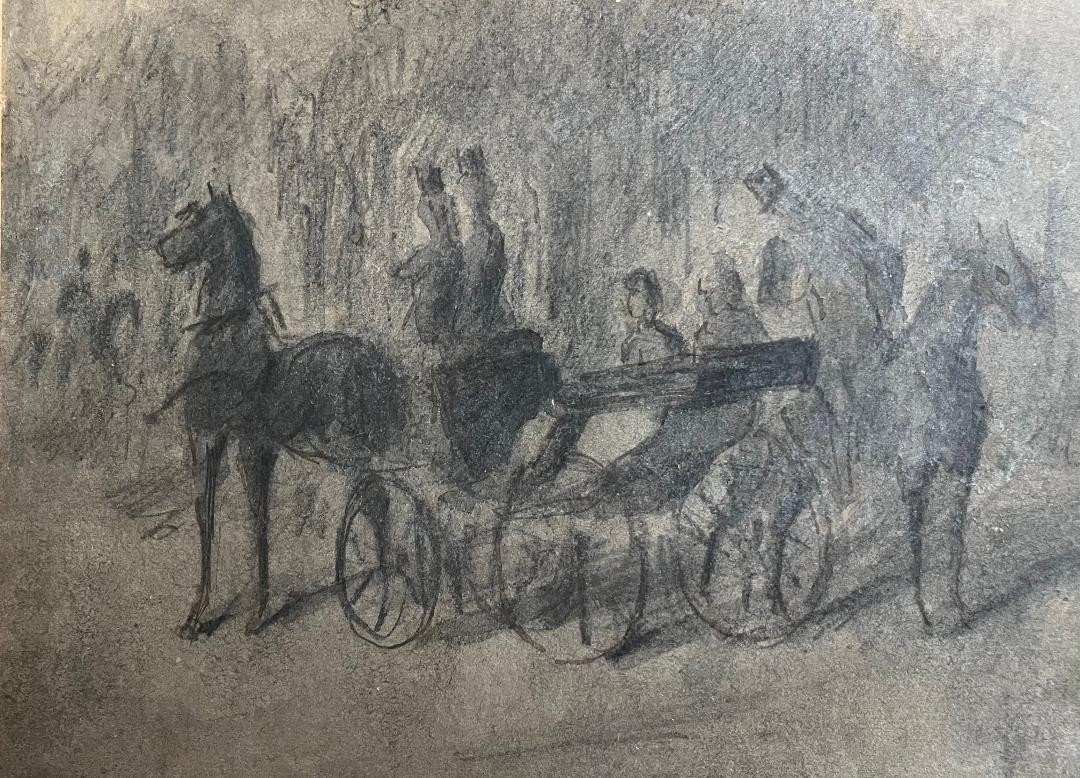 19th Century Romantic Drawing Of A Carriage With Elegant Men By Constantin Guys-photo-4