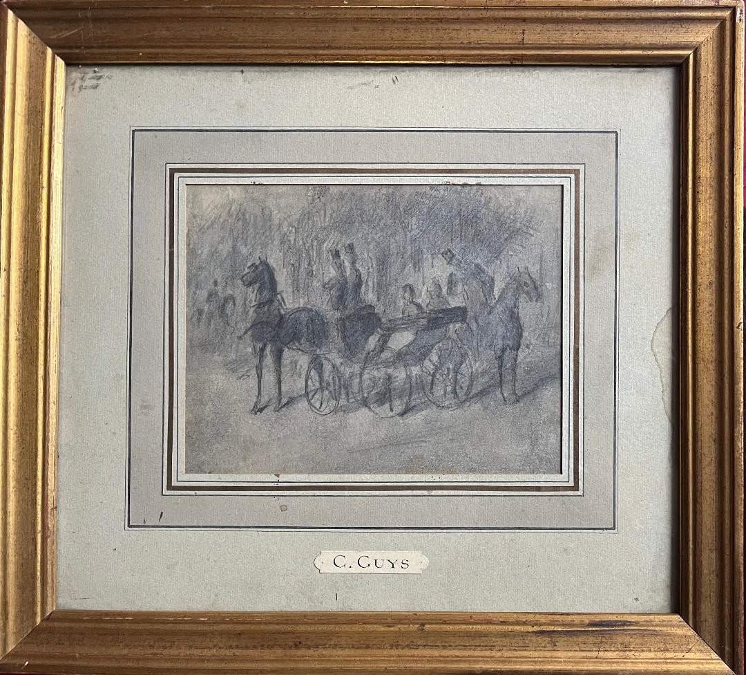 19th Century Romantic Drawing Of A Carriage With Elegant Men By Constantin Guys