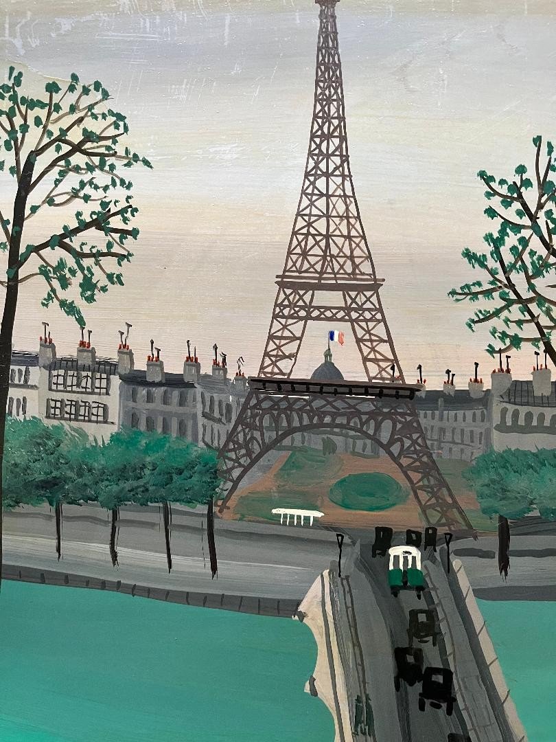 Naive Painting View Of Paris Eiffel Tower Naive Painting Signed Armand Marie Guérin (1913-1983)-photo-3