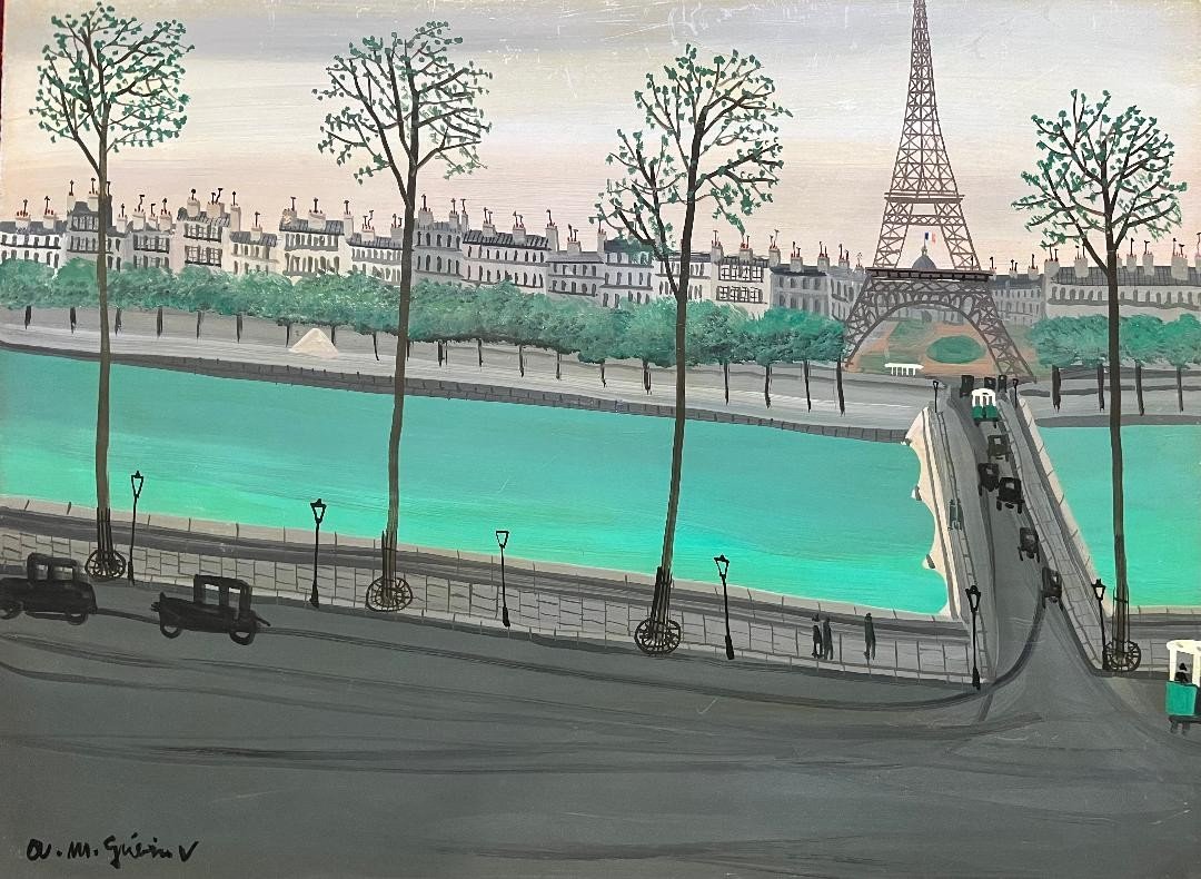 Naive Painting View Of Paris Eiffel Tower Naive Painting Signed Armand Marie Guérin (1913-1983)