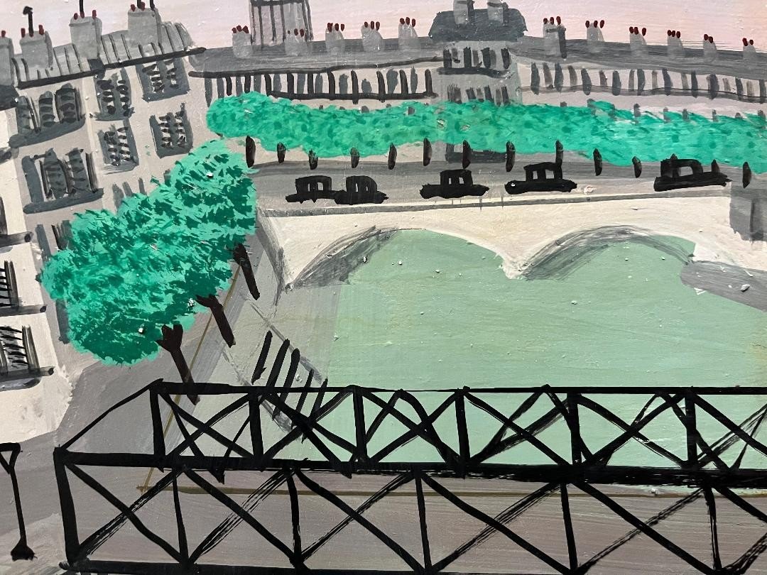 Naive Painting View Of Paris Notre Dame Naive Painting Signed Armand Marie Guérin (1913-1983) --photo-3