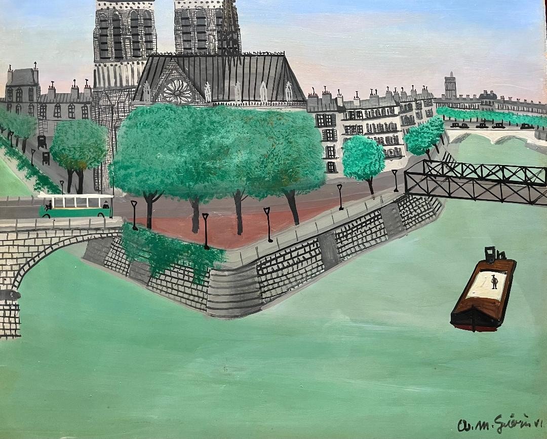 Naive Painting View Of Paris Notre Dame Naive Painting Signed Armand Marie Guérin (1913-1983) -