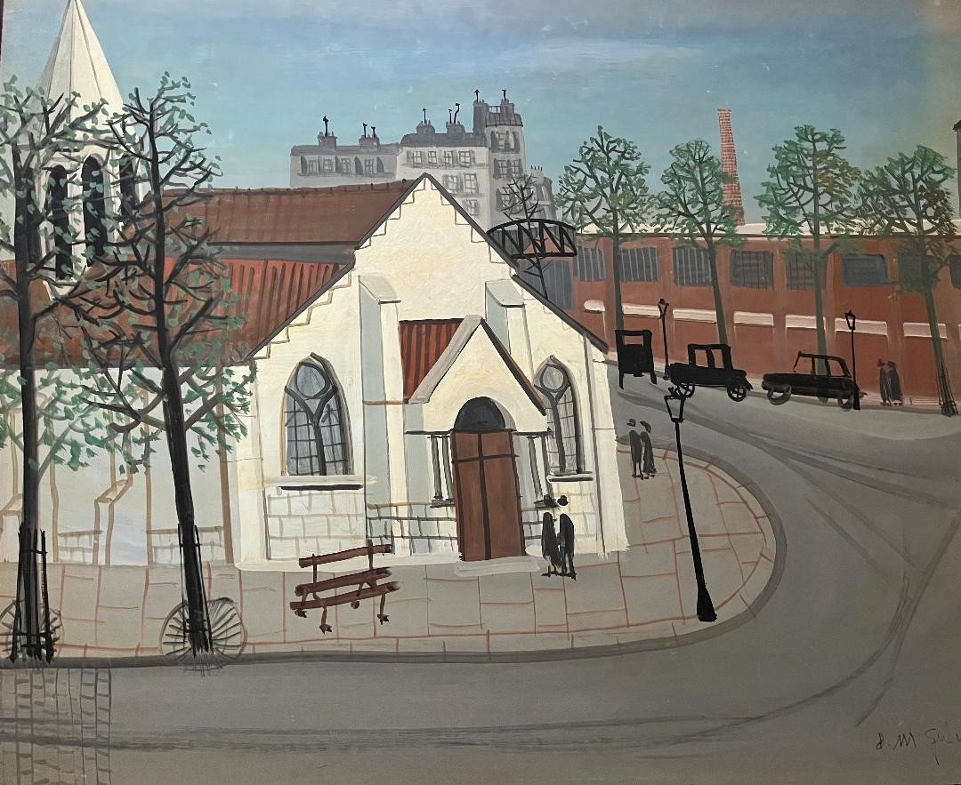 Naive Painting View Of Paris District Naive Painting Signed Armand Marie Guérin (1913-1983)