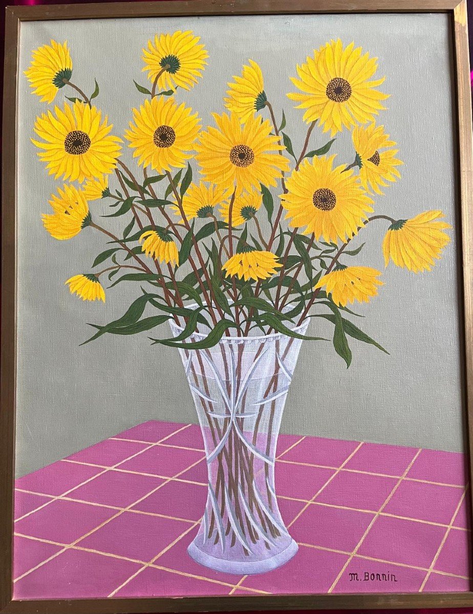 Naive Art Painting Bouquet Of Flowers Sunflowers Naive School Signed Maurice Bonnin 1911-1993-photo-4