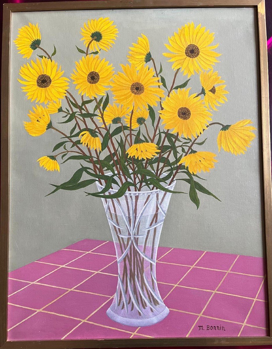 Naive Art Painting Bouquet Of Flowers Sunflowers Naive School Signed Maurice Bonnin 1911-1993-photo-4