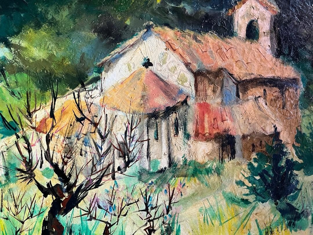 Tableau école Provençale Paysage Nice La Chapelle Romane Huile Signée Yvon Grac 1945-photo-4