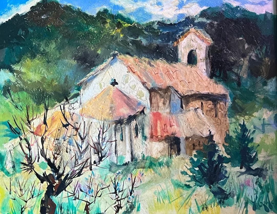 Tableau école Provençale Paysage Nice La Chapelle Romane Huile Signée Yvon Grac 1945-photo-1