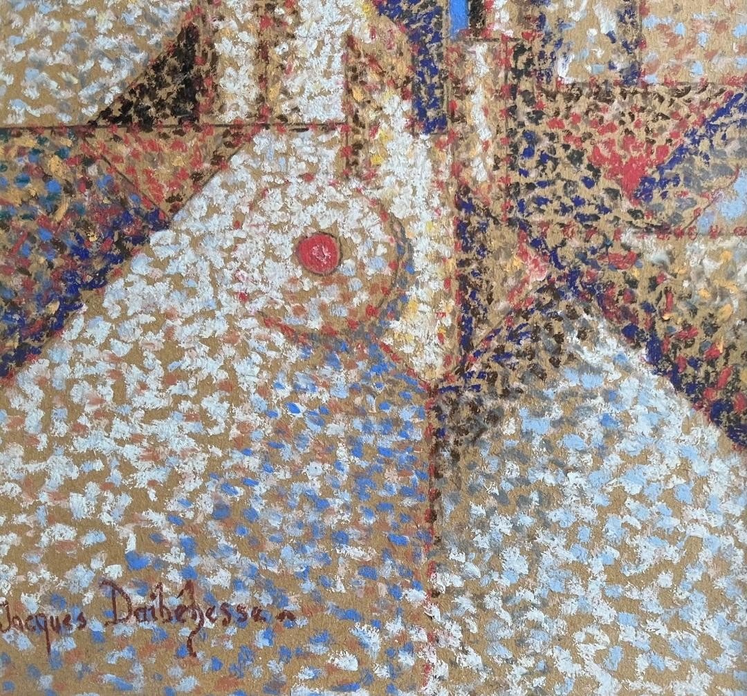 Tableau Pastel Gouache Composition Géometrique Pointilliste Peinture Signée Jacques Daibehesse-photo-4