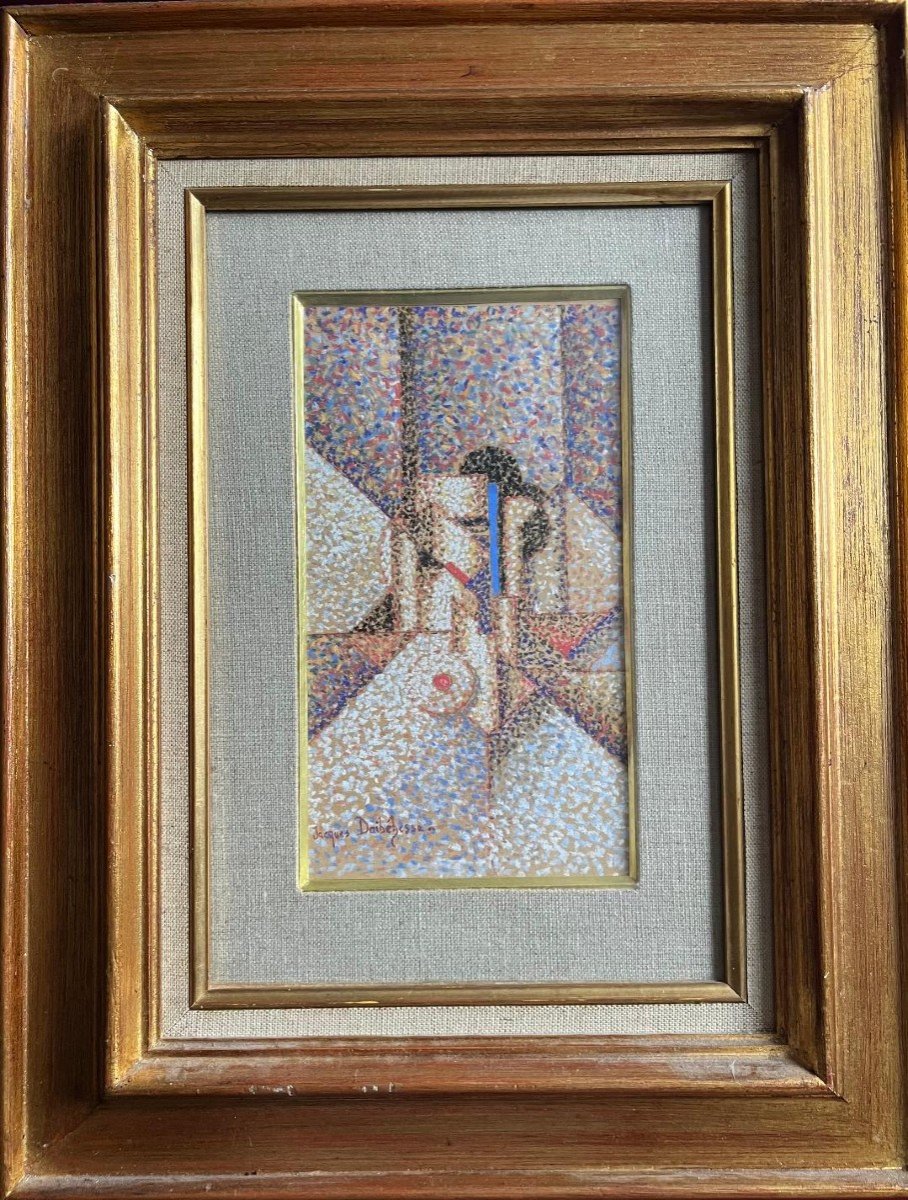 Tableau Pastel Gouache Composition Géometrique Pointilliste Peinture Signée Jacques Daibehesse