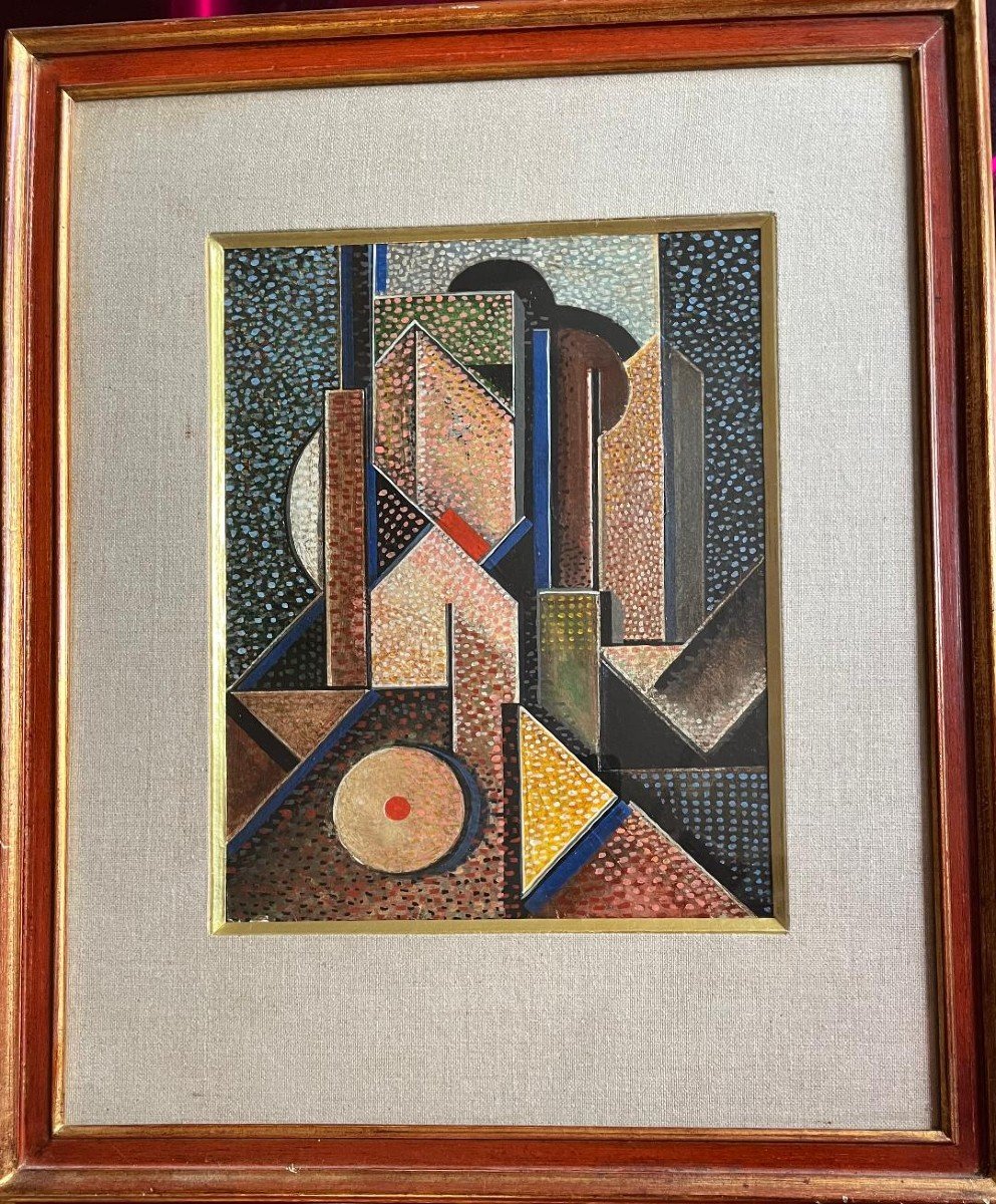 Oil Painting Geometric Pointillist Composition Painting Signed Jacques Daibehesse"-photo-2