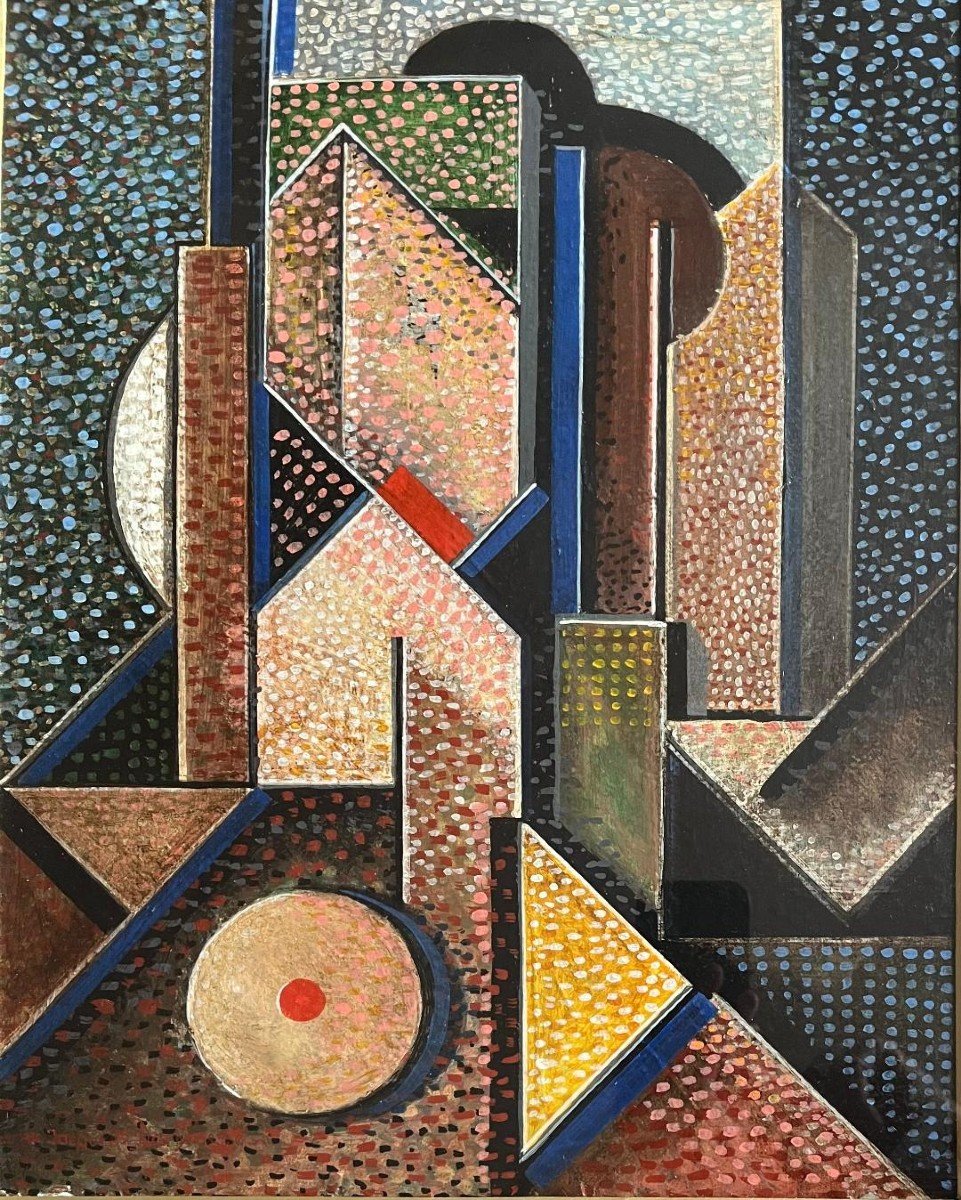 Tableau  Huile Composition Géometrique Pointilliste Peinture Signée Jacques Daihebesse"