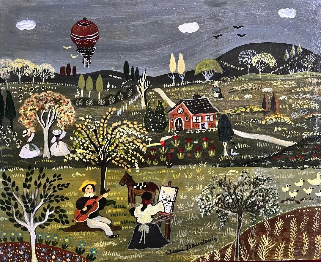 Tableau Art Naif Paysage Campagne  Peintre à Son Chevalet Peinture Naïve  Signée Anne Baudouin