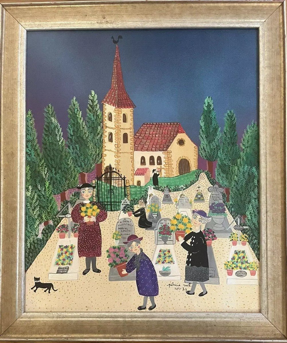 Naive Art Painting The Merry Cemetery French School Painting Signed Patricia Vest-photo-3