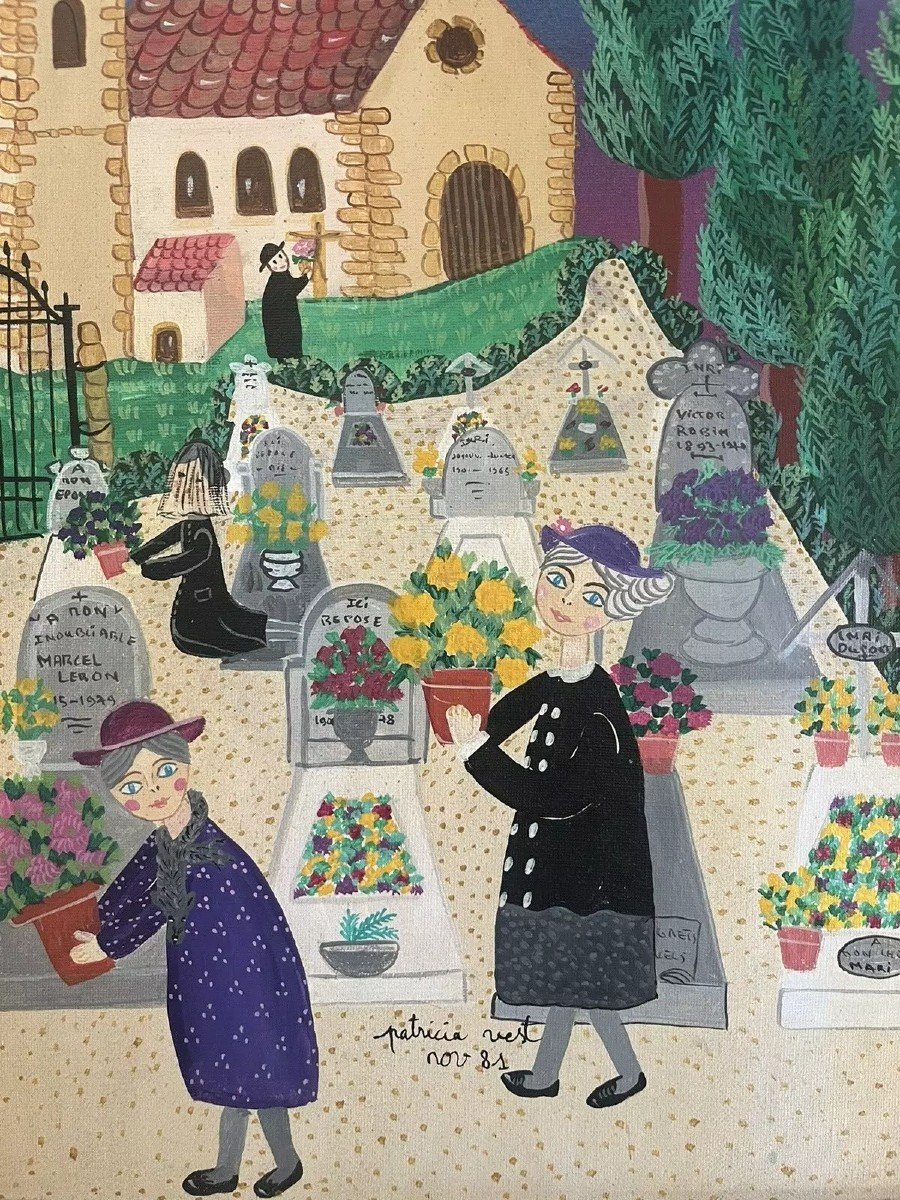 Naive Art Painting The Merry Cemetery French School Painting Signed Patricia Vest-photo-5