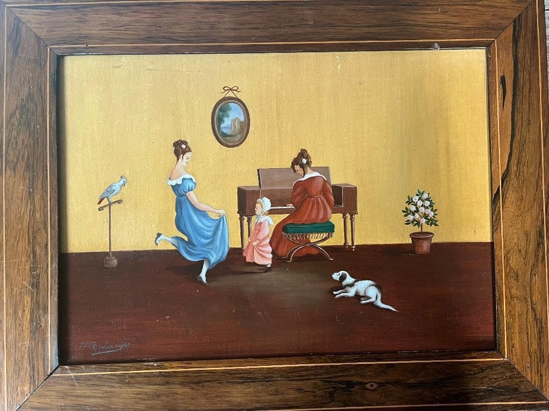 Naive Painting Music Dancing To The Sound Of The Piano Naive School Painting Signed Fernand Boilauges-photo-2