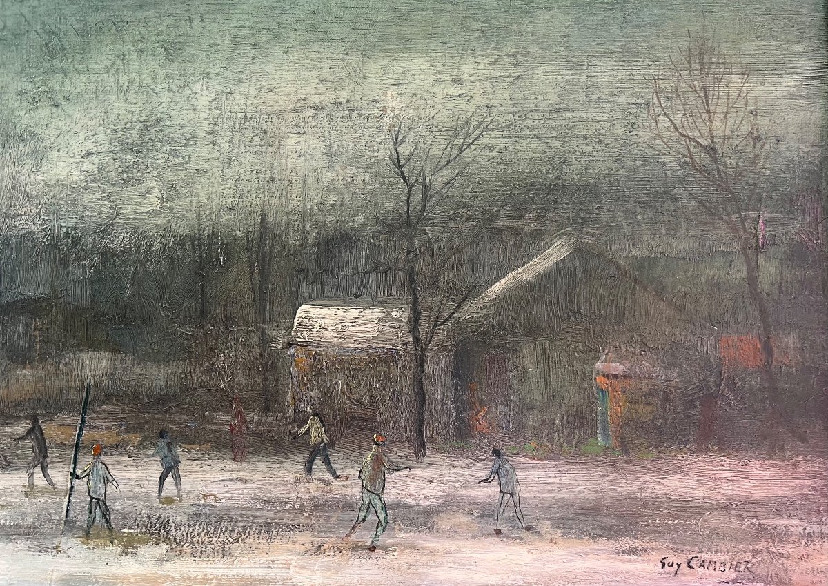 Tableau Paysage  Neige Les Joies Du Patinage Peinture Signée Guy Cambier( 1923-2008 )-photo-2