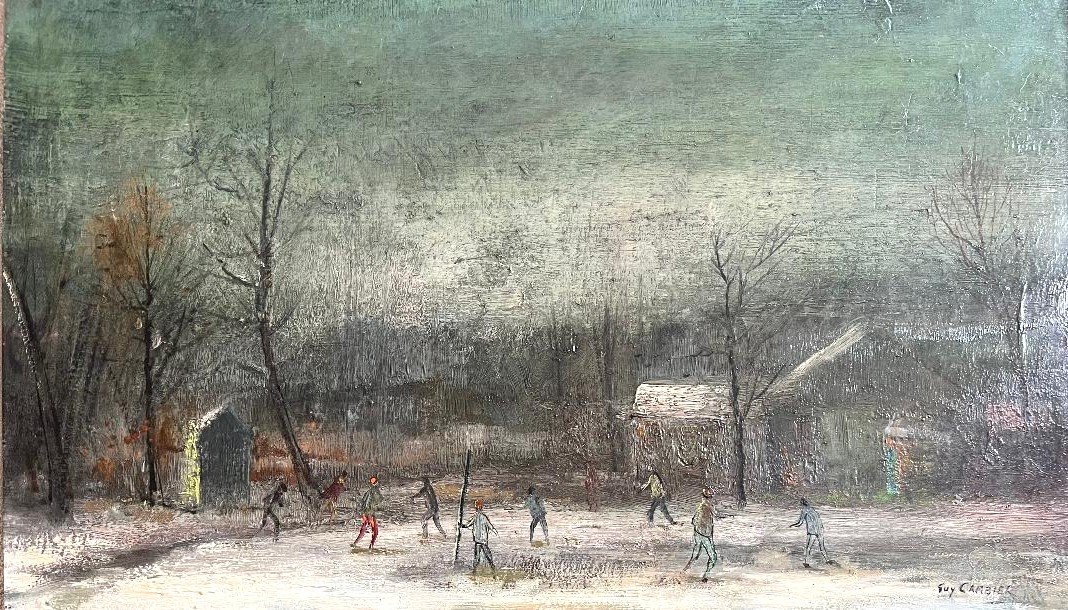 Tableau Paysage  Neige Les Joies Du Patinage Peinture Signée Guy Cambier( 1923-2008 )