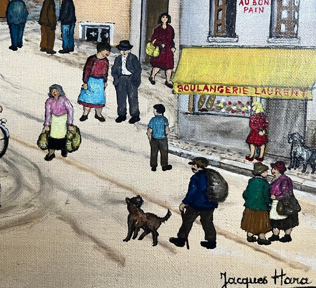 Naive Art Painting The Animated Village Square Naive Painting Signed Jacques Hara Born In 1933-photo-3