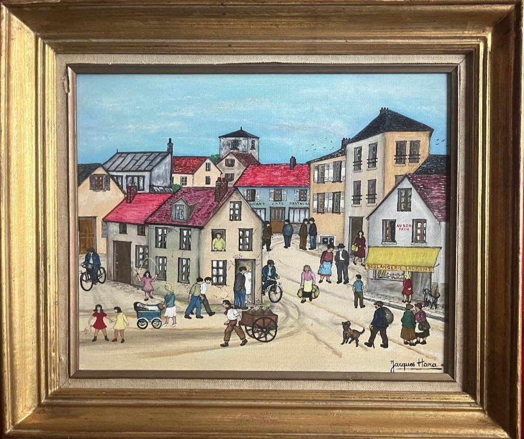 Naive Art Painting The Animated Village Square Naive Painting Signed Jacques Hara Born In 1933