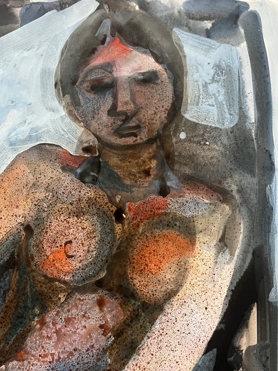 Aquarelle portrait de Femme Nue Onirisme Peinture Signée Jacques Boeri Datée  1975-photo-3