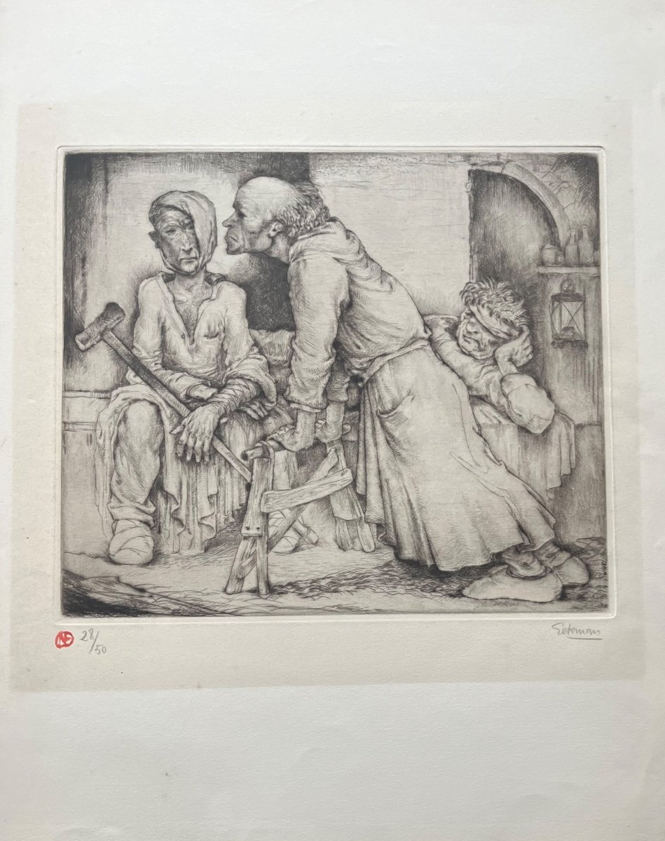 Belgian Painter Drypoint Engraving The Infirm Signed By The Hand Of Nicolas Eekman 