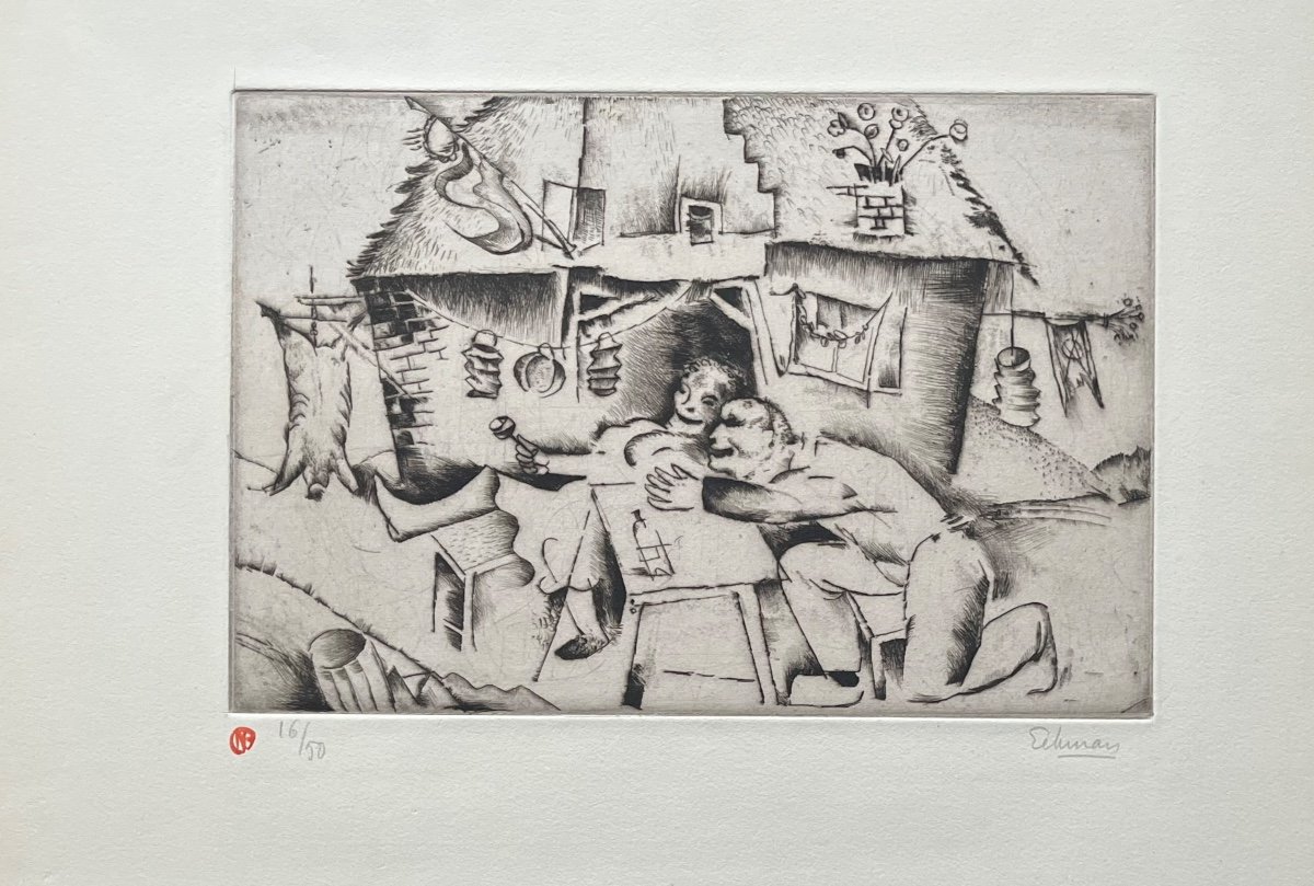 Drypoint Engraving Couple In Their Interior Signed Nicolas Eeckman 