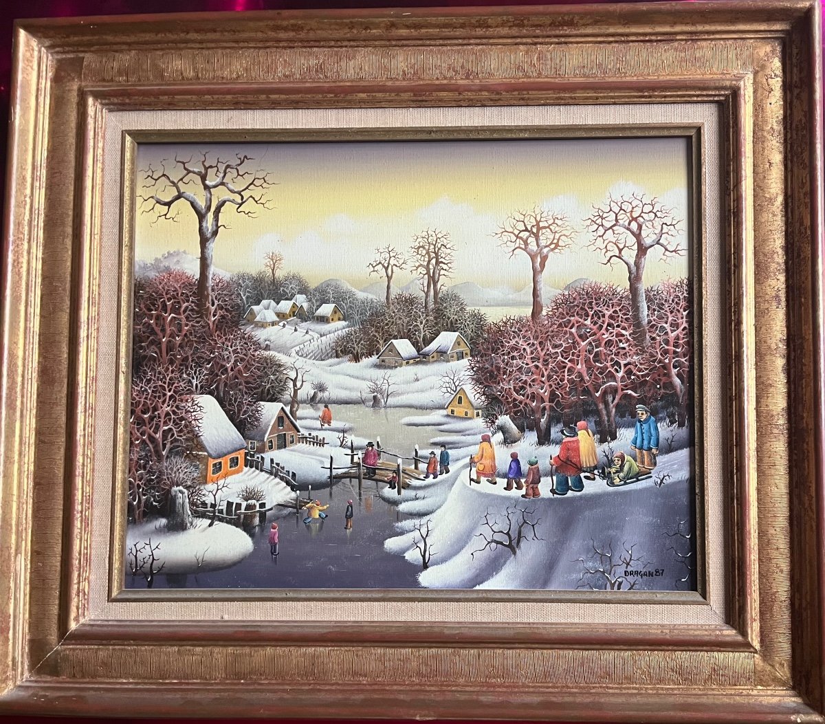 Naive Painting Animated Snow Landscape Serbian Naive School Painting Signed Dragan Mihailovic 1987-photo-2