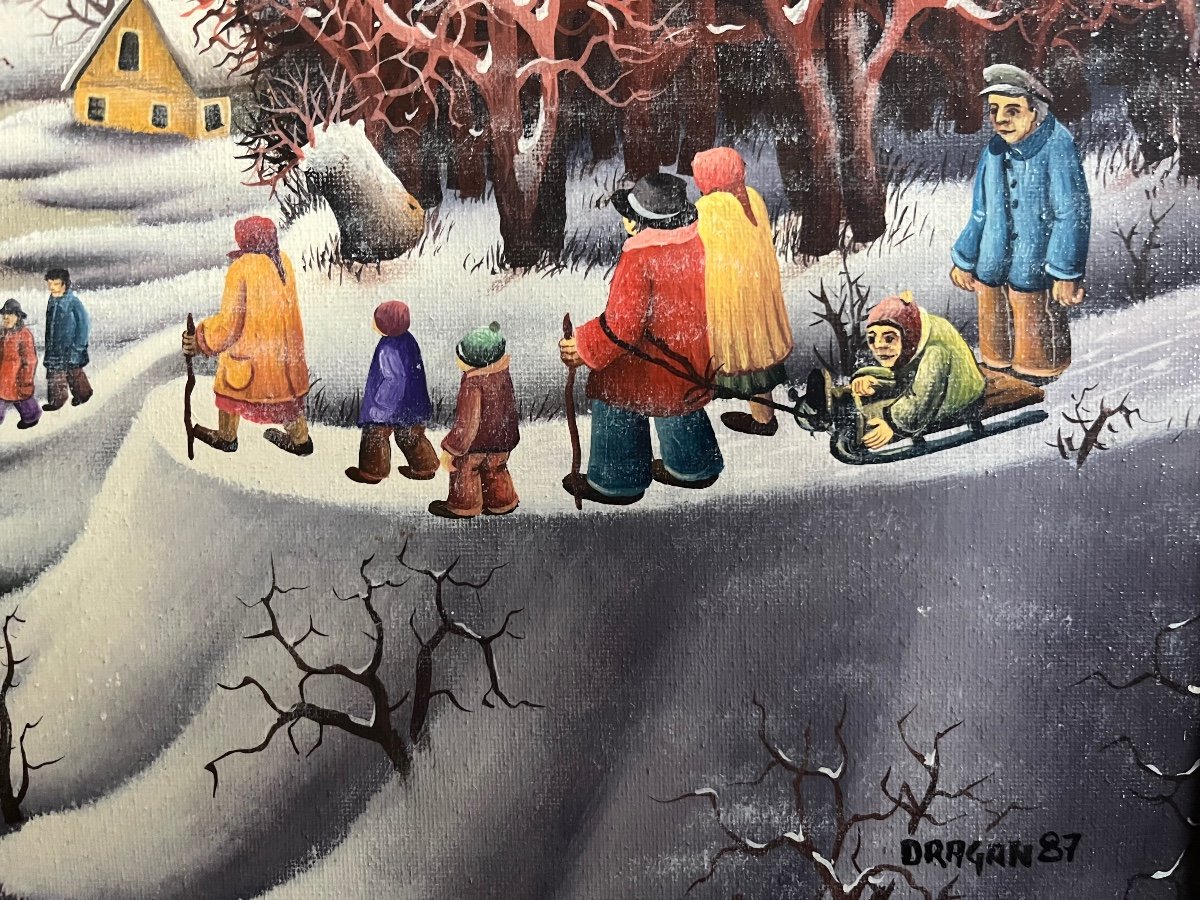 Naive Painting Animated Snow Landscape Serbian Naive School Painting Signed Dragan Mihailovic 1987-photo-4