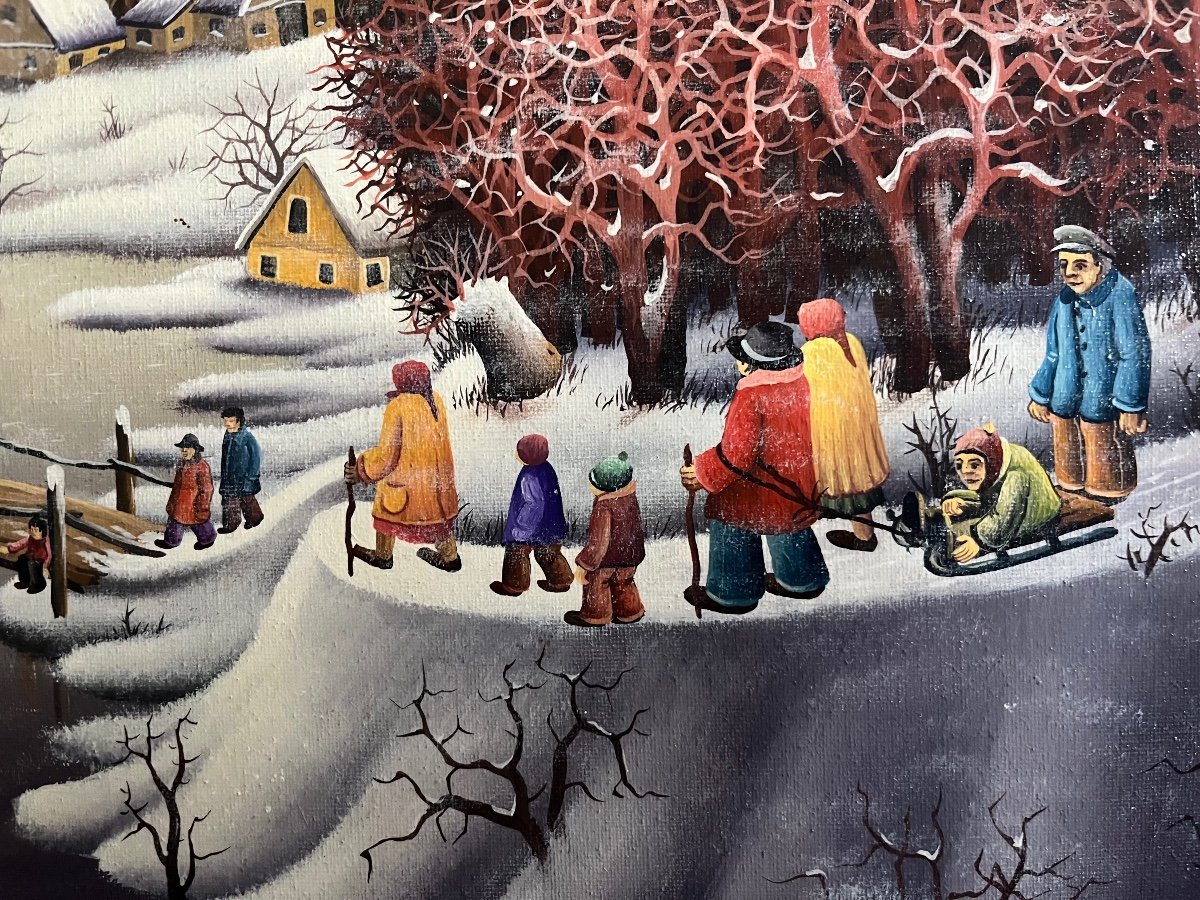 Naive Painting Animated Snow Landscape Serbian Naive School Painting Signed Dragan Mihailovic 1987-photo-2