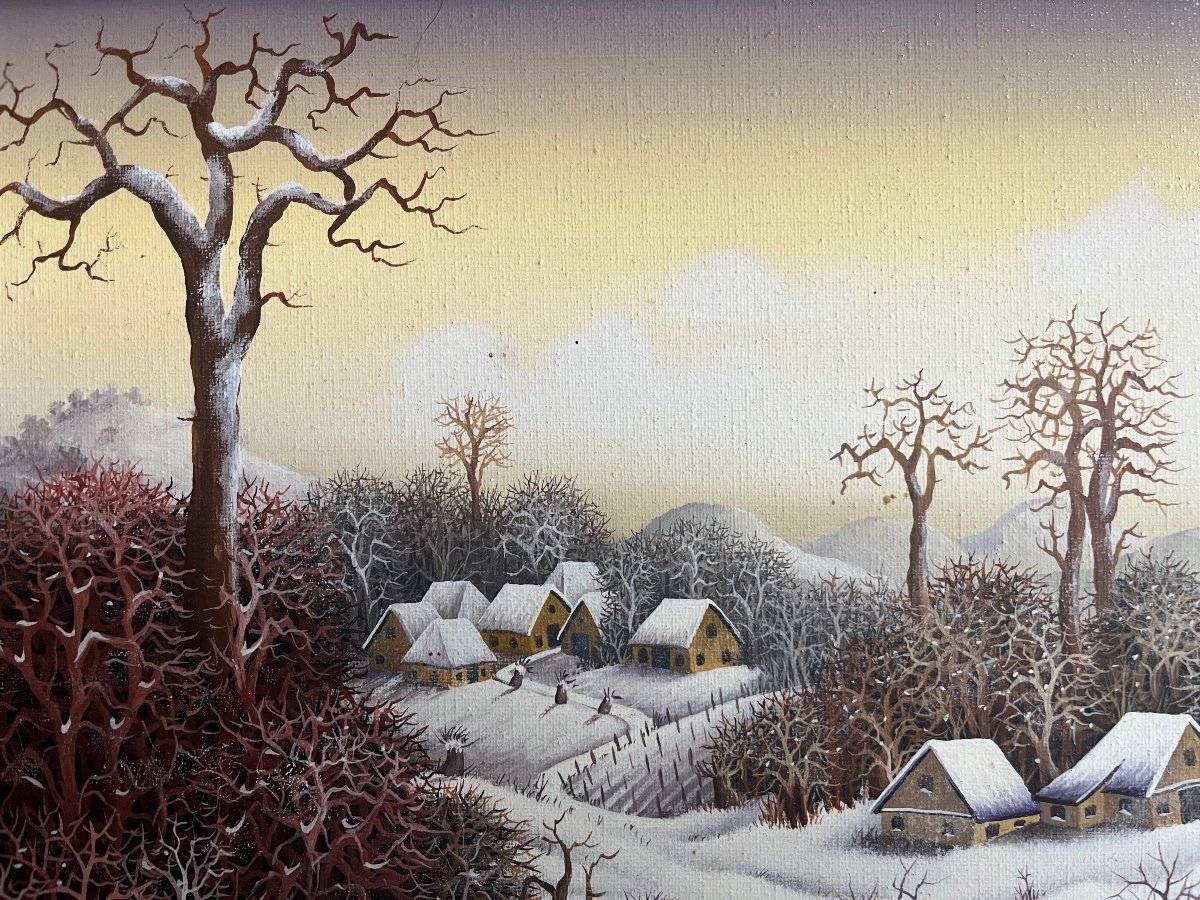 Naive Painting Animated Snow Landscape Serbian Naive School Painting Signed Dragan Mihailovic 1987-photo-3