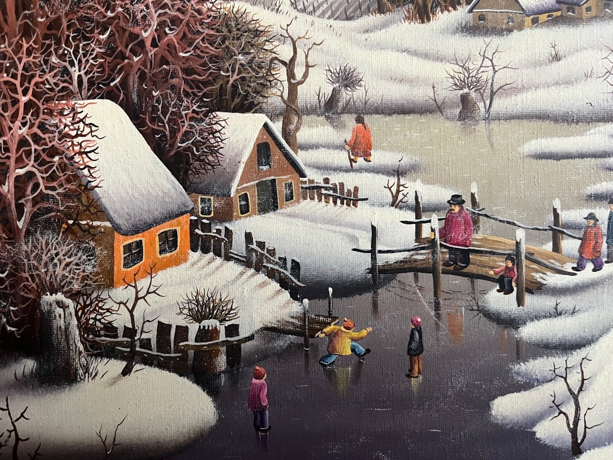 Naive Painting Animated Snow Landscape Serbian Naive School Painting Signed Dragan Mihailovic 1987-photo-4