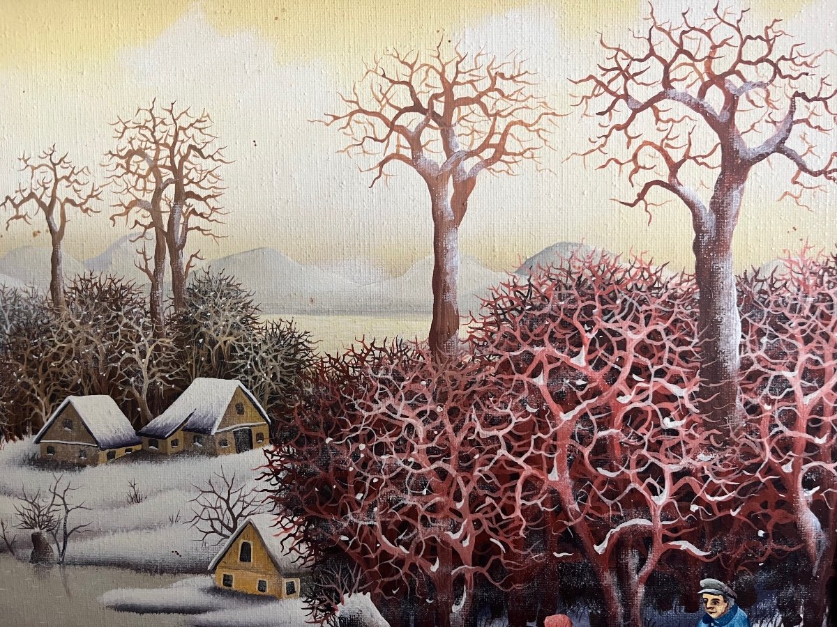 Naive Painting Animated Snow Landscape Serbian Naive School Painting Signed Dragan Mihailovic 1987-photo-5