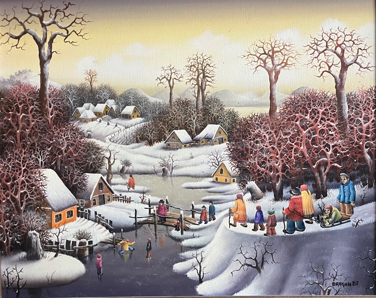 Naive Painting Animated Snow Landscape Serbian Naive School Painting Signed Dragan Mihailovic 1987